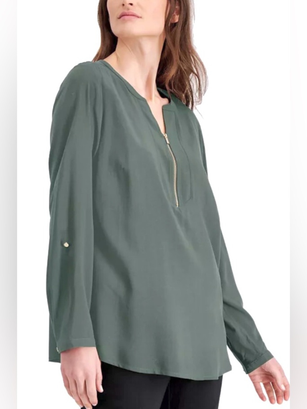 JM Collection XL Sage Green 100% Rayon Long Roll Tab Sleeve Half Zip Top New